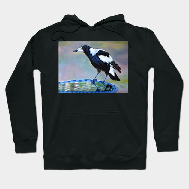 Magpie at the Birdbath Hoodie by Krusty